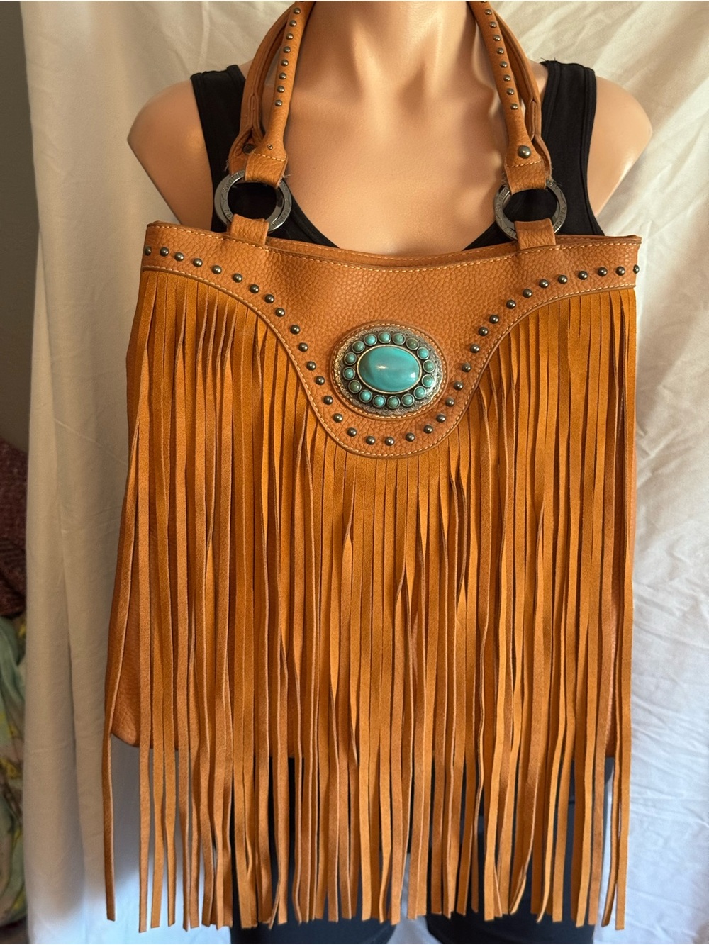 Trinity Ranch Fringed Tan Leather Bag with Turquoise Medallion